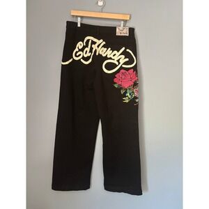 Ed Hardy Mens Black Denim Embroidered Skull Rose Wide Leg Jeans Y2K Streetwear